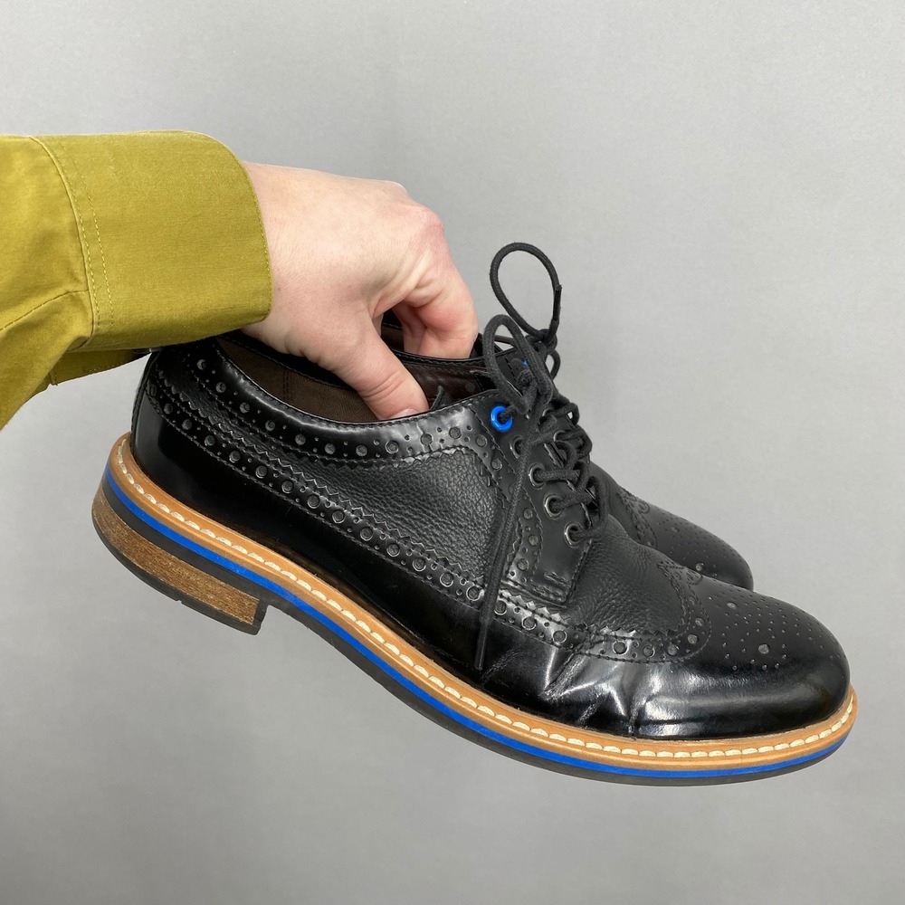 Clarks‎ Tor England Mens Black Leather Wingtip Brogue Oxford Shoes Blue Trim 9.5